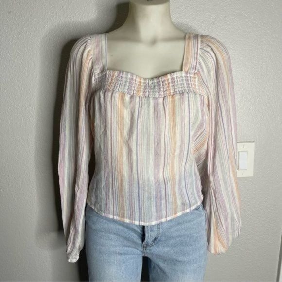 BCBGeneration Multicolor Square Neckline Smocked Long Sleeve Top Size M - Picture 1 of 7